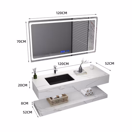 Mueble de baño moderno de madera de gran tamaño, tocador de piedra sinterizada, encimera, espejo LED, muebles de baño de lujo, Combo