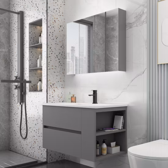 Espejo retroiluminado con LED de diseño moderno de lujo, 1400mm de ancho, lavabo de piedra sinterizada, mueble de tocador de baño de madera montado en la pared